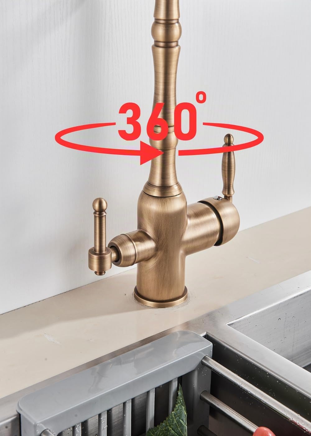 Ari 3-Wege Küchenarmatur Spültischarmatur Wasserhahn Mischbatterie Trinkwasser Messing Klassik Design Retro