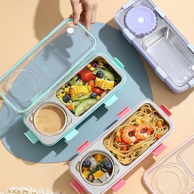 Image of Lunch Buddy Stainless Steel Bento Lunch Box Set for Food 600ml, 2 Compartment, 150ml Container 100% Leak-Proof Design Lunchbox for Office Adults & School Kids (Green)