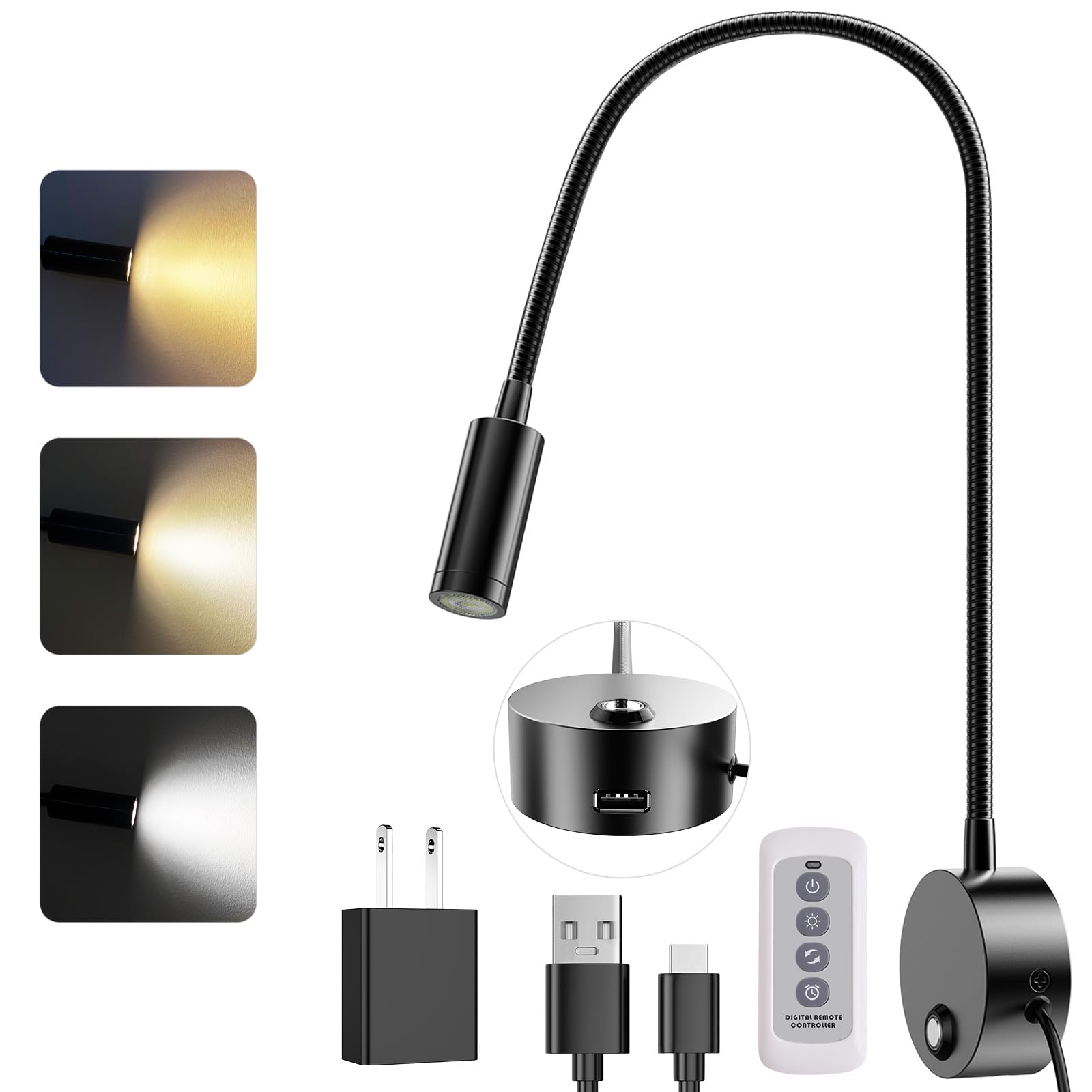 ERAY Wall Mounted LED Reading Light with Remote Control, Dimmable Book Light with USB Charging Port & 15