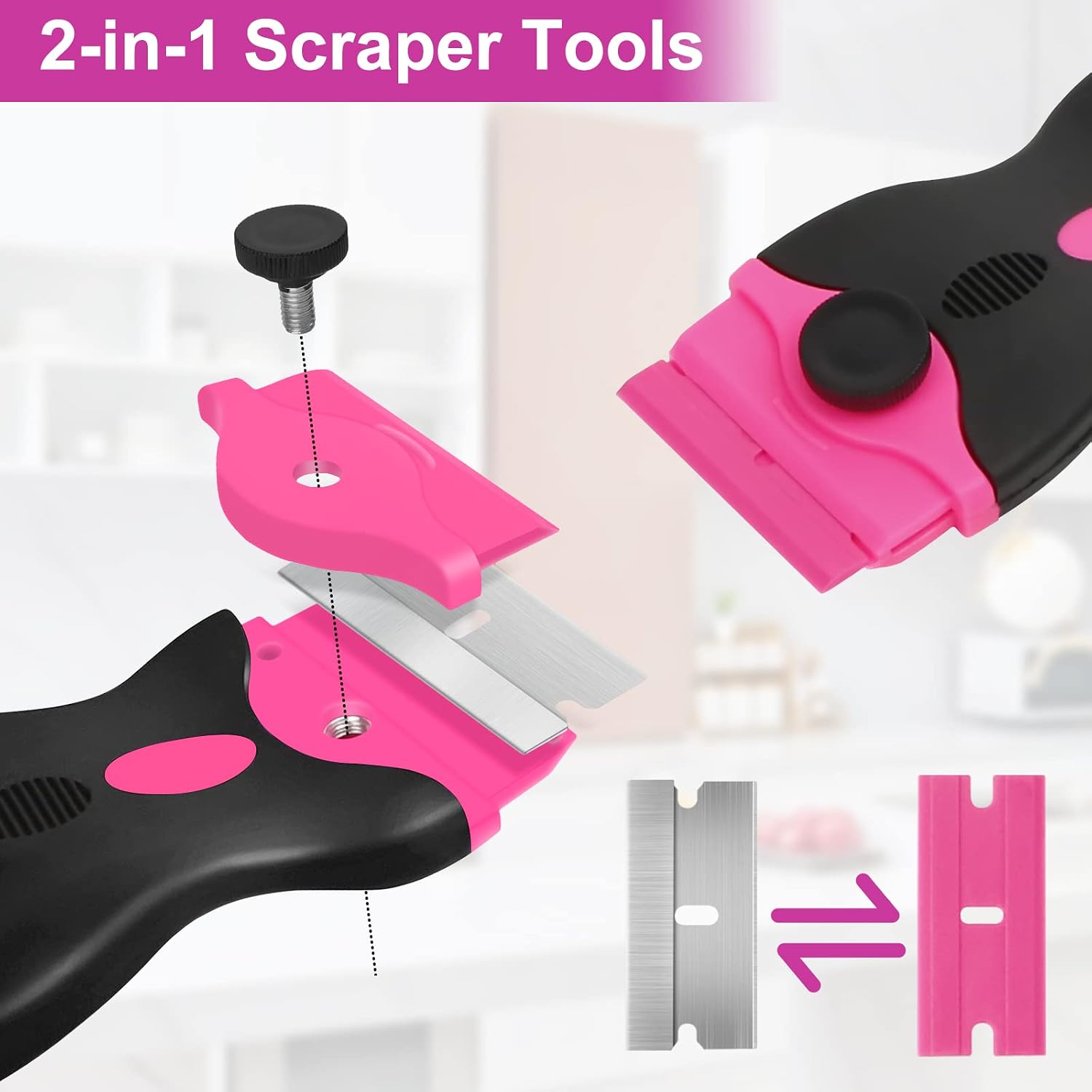 THINKWORK Razor Blade Scraper - Pink Razor Scraper Gift for Women, 2-in-1 Scraper Tool Set with 20Pcs Razor Blades for Removing Window Labels, Decals, Stickers, Glass Stove Top (2 Pack)