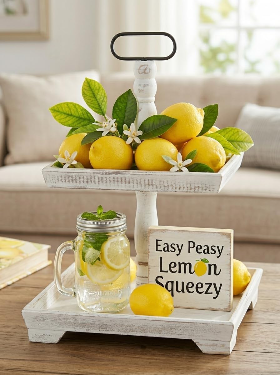 Hanobe Tiered Tray for Table Decor: 2 Tier Sunflower Decorative Tray Stand for Coffee Bar - Spring Farmhouse Rectangle Wood Display for Kitchen Counter, Rustic White
