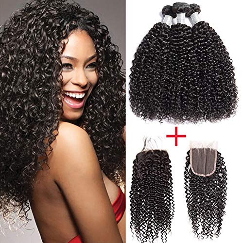 8A Brazilian Virgin Kinky Curly Hair 3 Bundles with 4×4 Free Part Lace Closure 14" 16'' 18"with 12" Closure (14'' 16'' 18"with12" closure)
