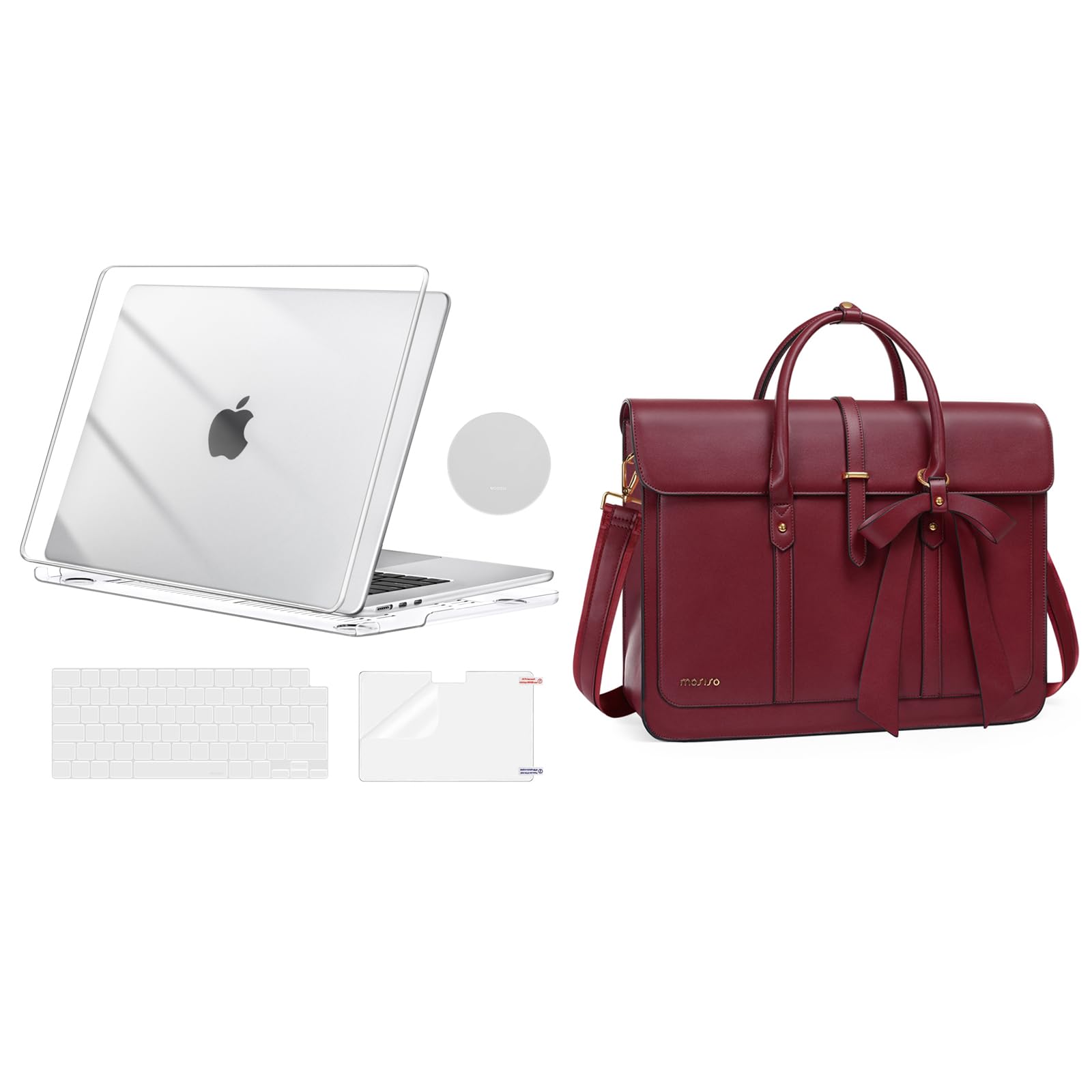 MOSISO Cover Compatibile con MacBook Air 15 Custodia M4 M3 M2 2025-2023 | A3241 A3114 A2941,Case&Lavoro Viaggio Computer Custodia Nodo Fiocco&Copritastiera&Pellicola&Coaster,Cristallino e Vino Rosso