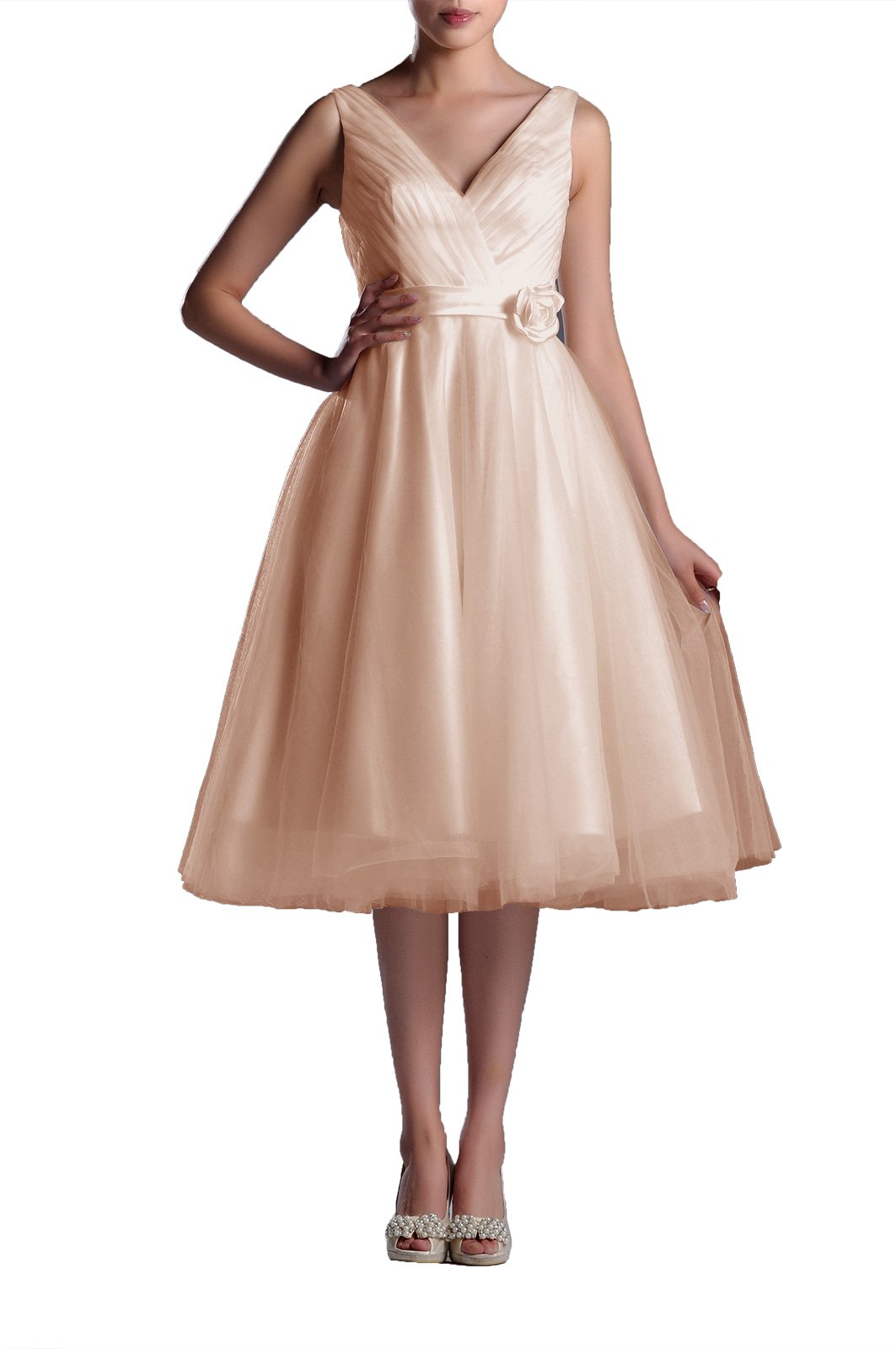 Wedding Dresses V-Neck Bridal Gowns Simple A-line Tea Length Wedding Dress Bride Short