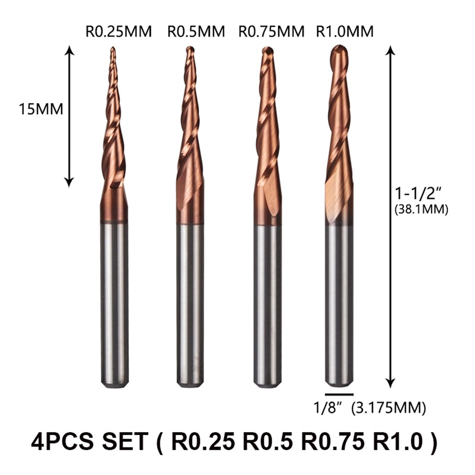 Fresa CNC 4 unids/lote carburo sólido tamaño en pulgadas 3.175mm punta de bola fresa cónica fresa CNC cortador de metal cónico(4PCS-D3.175-HSi)
