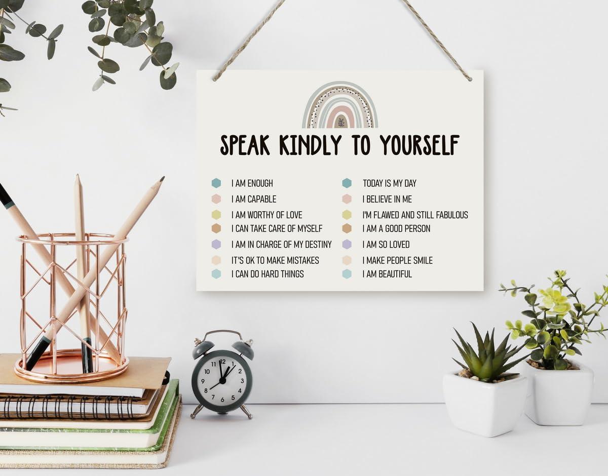 BQL Motivational Wooden Decor Sign, 8X10 inches, MDF Wood, Modern Style, Wall Mount, Speaking Kindly to Yourself, Mental Health & Self-Care, Home & Office Decor 1