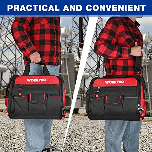 Image of WORKPRO 16 inch Top Wide Mouth Tool Bag with Water Proof Rubber Base, Multi-Compartment, 46 Pockets, For Tool Organizer & Storage, W081122A