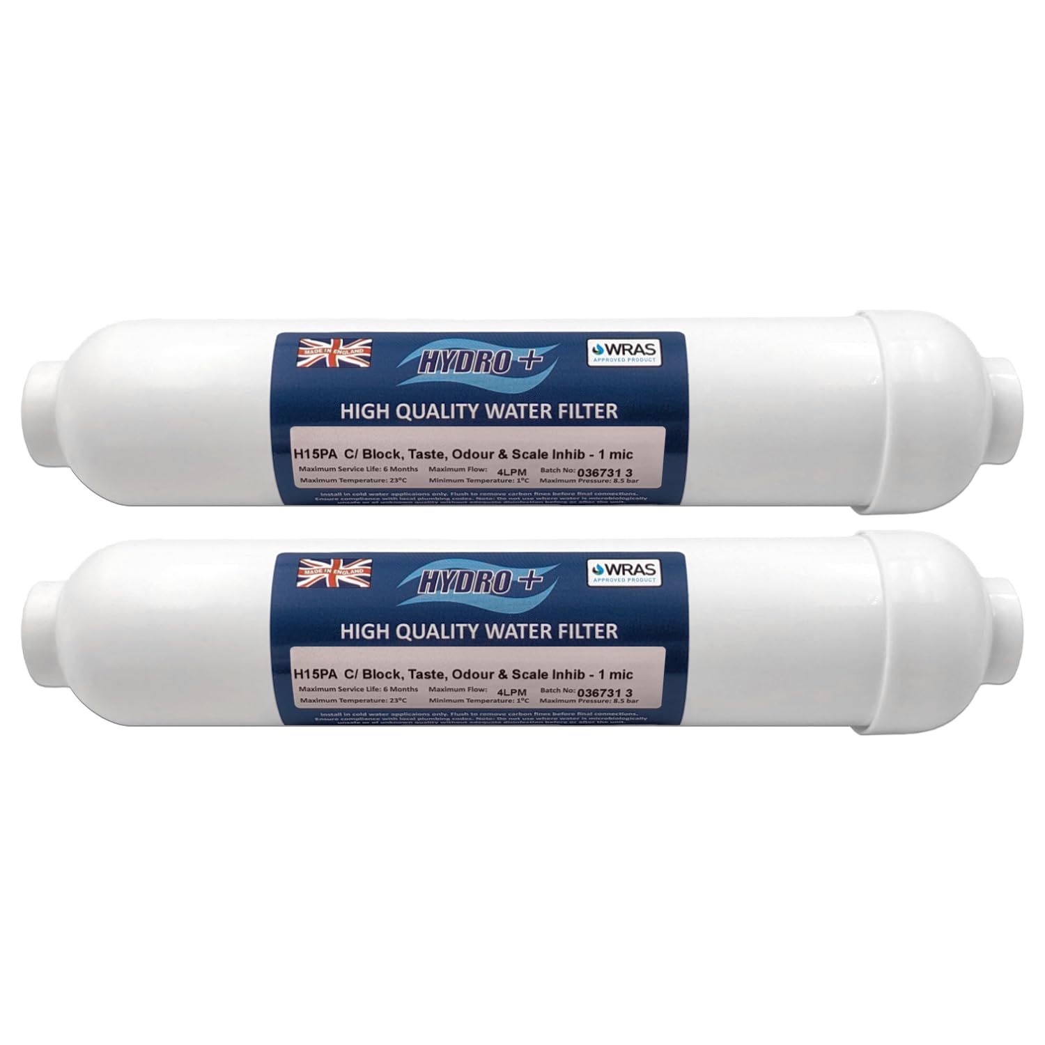 Hydro+ H15PA filtr węglowy z inhibitorem wagi i złączkami wciskanymi 1/10.2 cm, filtr rzędowy 1 mikronowy do lodówek Samsung, LG, GE, Bosch, Daewoo, Neff, Siemens (2 sztuki)