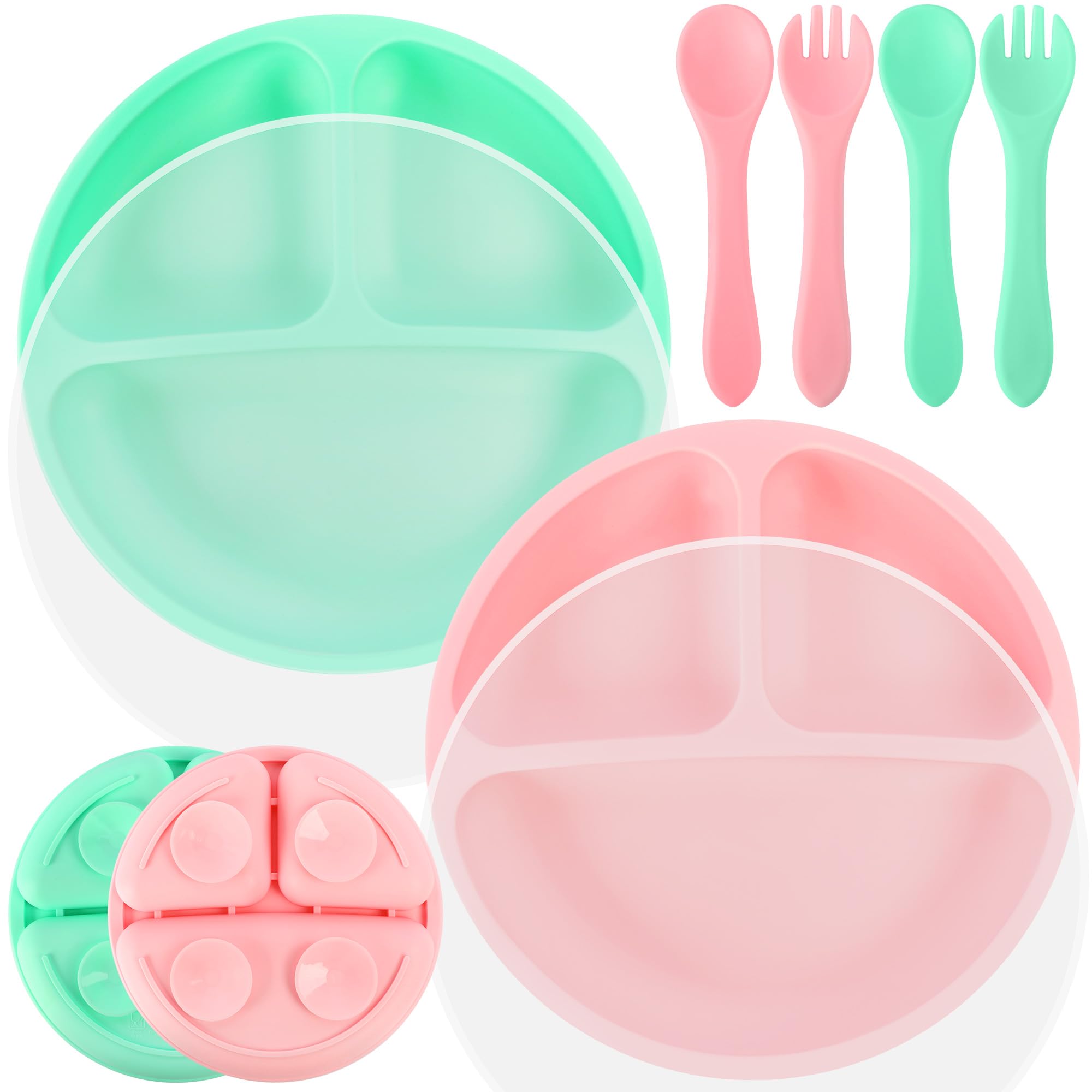 Assiette Bébé Moonkie En Silicone - Lot De 2 Avec Ventouse, Couverts Et Couvercle - Anti-dérapante - Menthe/Bleu Clair