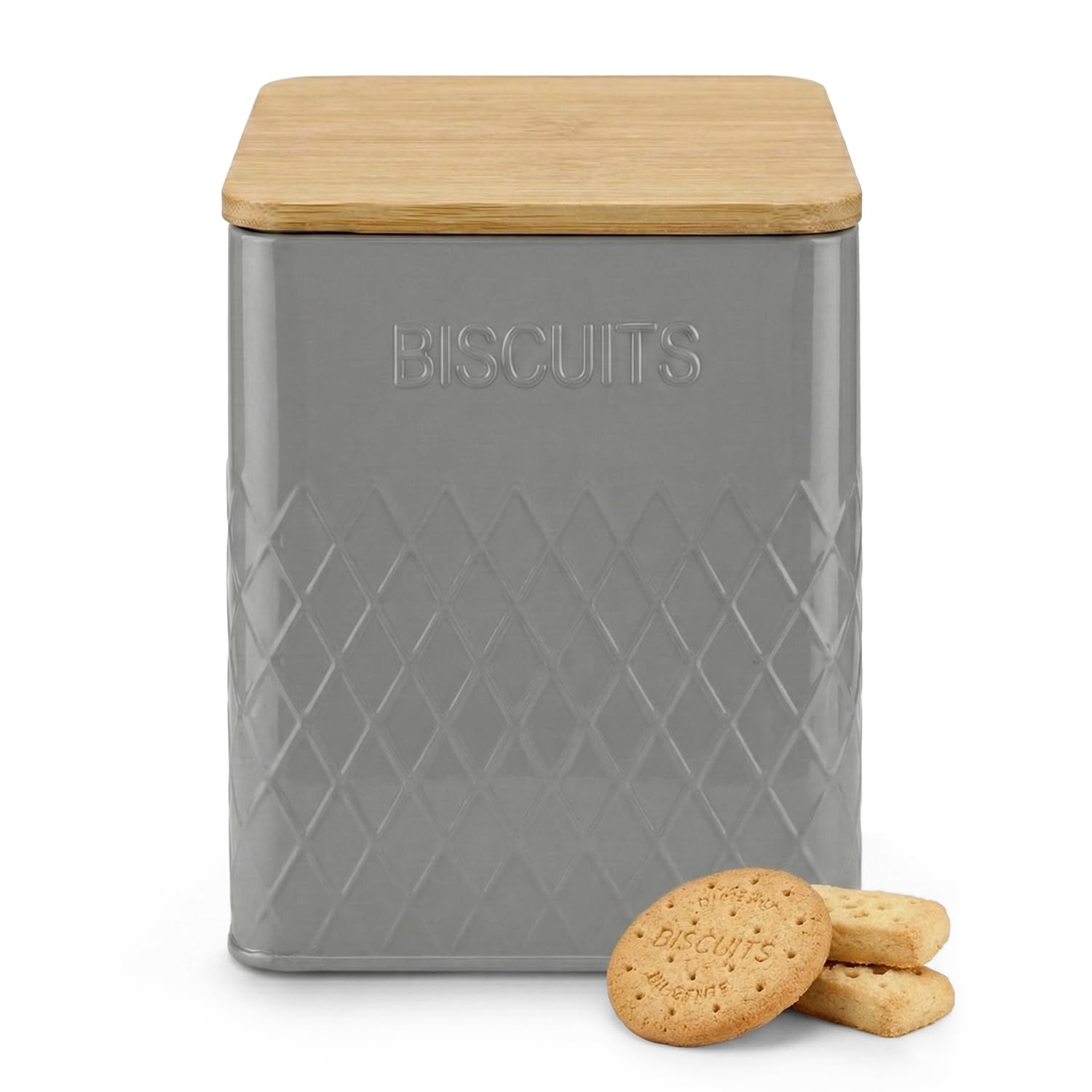 Besto Grey Square Biscuit Tin Airtight | Biscuit Barrel With Stainless Steel Lid & Airtight Seal | Biscuits Tin & Jar For Storing Cookies & Rusks (Grey Square)