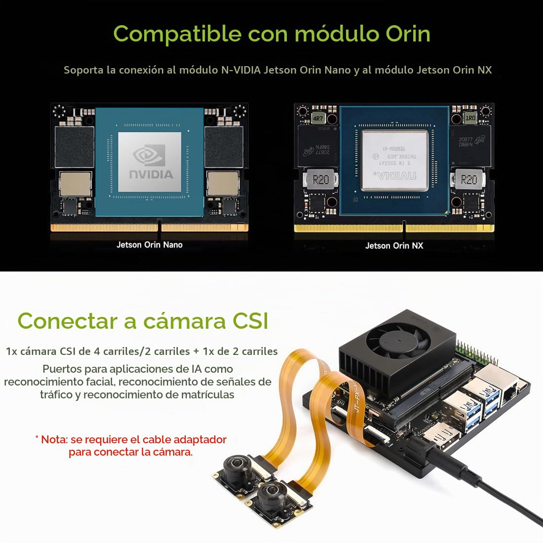 Waveshare Jetson Orin Nano/NX AI Development Board, with Two 4-Lane CSI Ports, Two M.2 Key M and One M.2 Key E Ports, 5 USB Ports, 4K High-Definition DisplayPort Port, Compatible with Orin Module