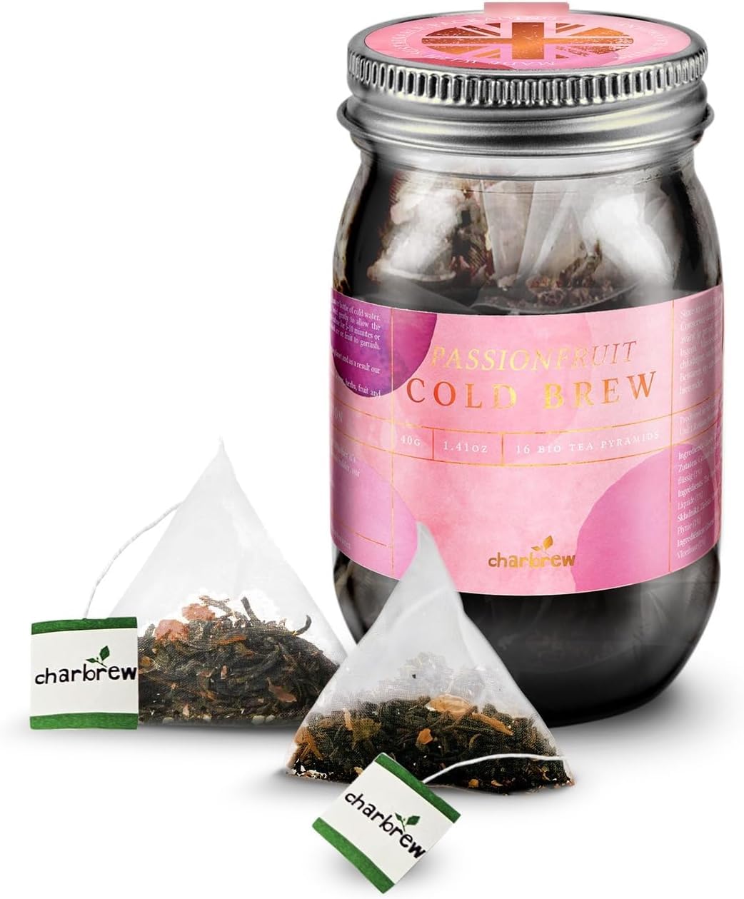 Passionfruit Cold Brew Tea Blend – 16 Compostable Fine Mesh Pyramid Teabag Infusers with String & Tag in Reusable Glass Mason Jar Premium Tea from Sri Lanka 40g/1.14oz