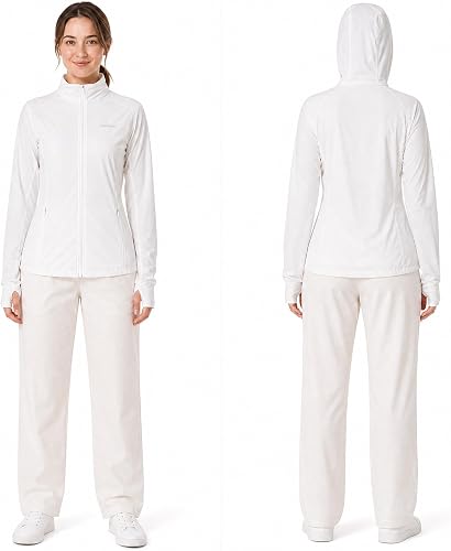 RoamFlex Women's UPF 50+ Sun Protection Hoodie Jacket, Lightweight Long Sleeve Zip Up Shirts with Thumbholes & Packable Hood - White XL