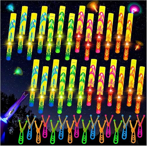 Bloolilies 50 Pcs LED Slingshot Flying Toys for Kids with 25Pcs Slingshots+25Pcs Glow Helicopters Glow in The Dark Rocket Launcher Outdoor Light Up Toys Birthday Gift Party Favors for kids 4-8 8-12