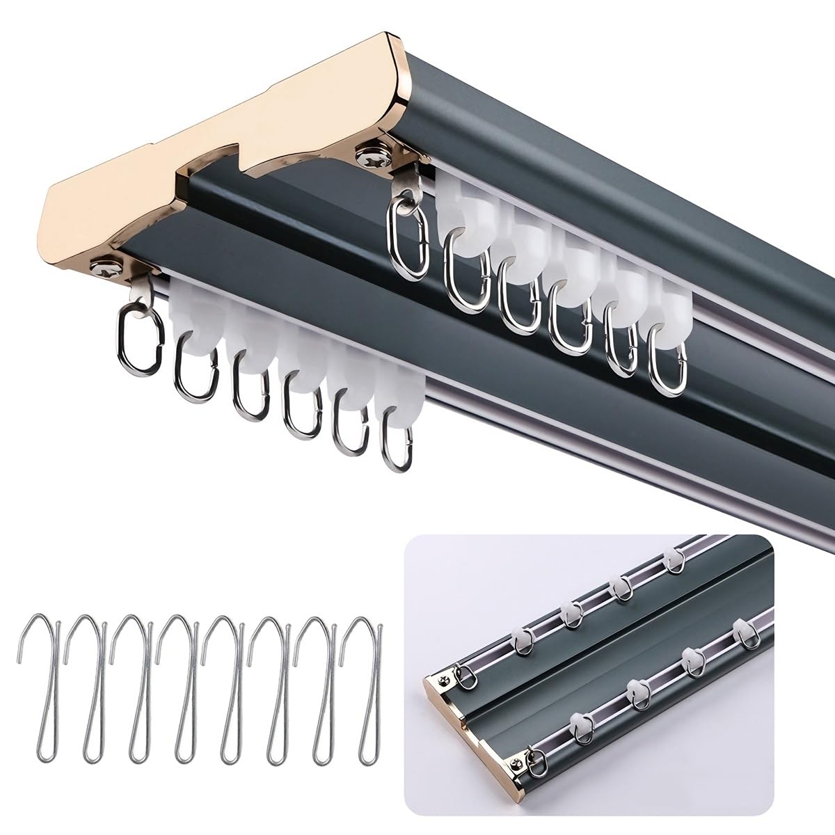 100-600 cm Vorhangschiene, Aluminium Gardinenschiene 2-läufig, Gardinenstange Decke mit stummen Rollen, Schwerlast Vorhangstange für Fenster Balkon Büros Hotels Kliniken(Blau,260cm)