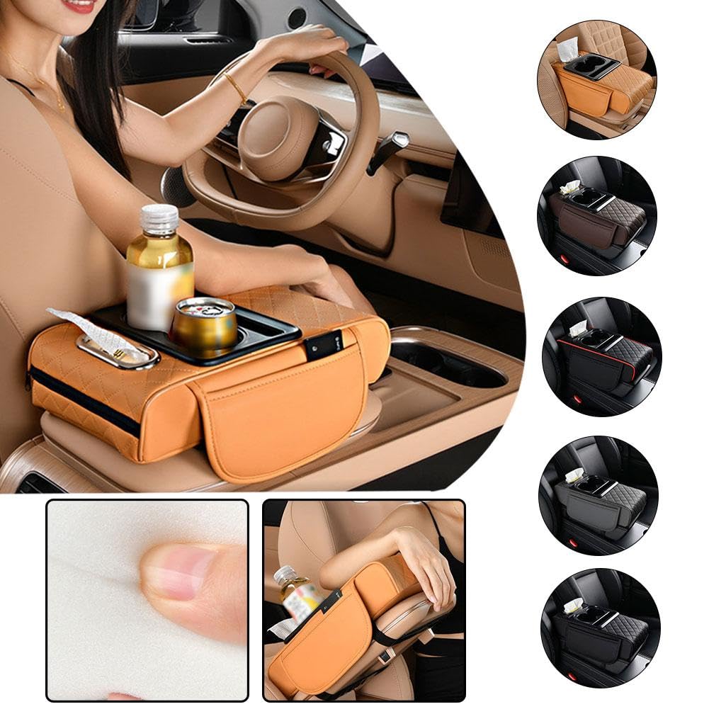 Tapis d'accoudoir de voiture multifonction en cuir synthétique, housse 5 en 1 pour console centrale, avec 2 sacs de rangement, porte-gobelet, fente pour boîte à mouchoirs, fente pour téléphone