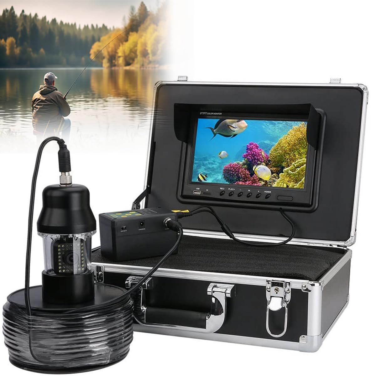 Caméra de pêche sous-marine – Détecteur de poissons de 17,8 cm, étanche 1000TVL, LED IP68, réglable 38 LED, idéal pour la glace, le lac, la pêche en bateau, profondeur de 30 m