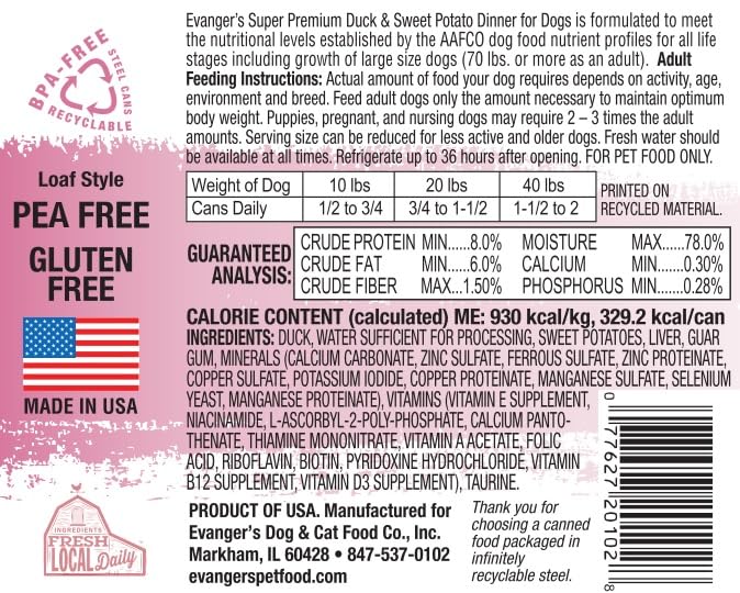 Evanger's Super Duck & Sweet Potato Dinner – 12 Count, 12.5 oz Each – Limited Ingredient Wet Dog Food – Grain & Gluten Free Recipe – Easy to Digest for Sensitive Stomachs