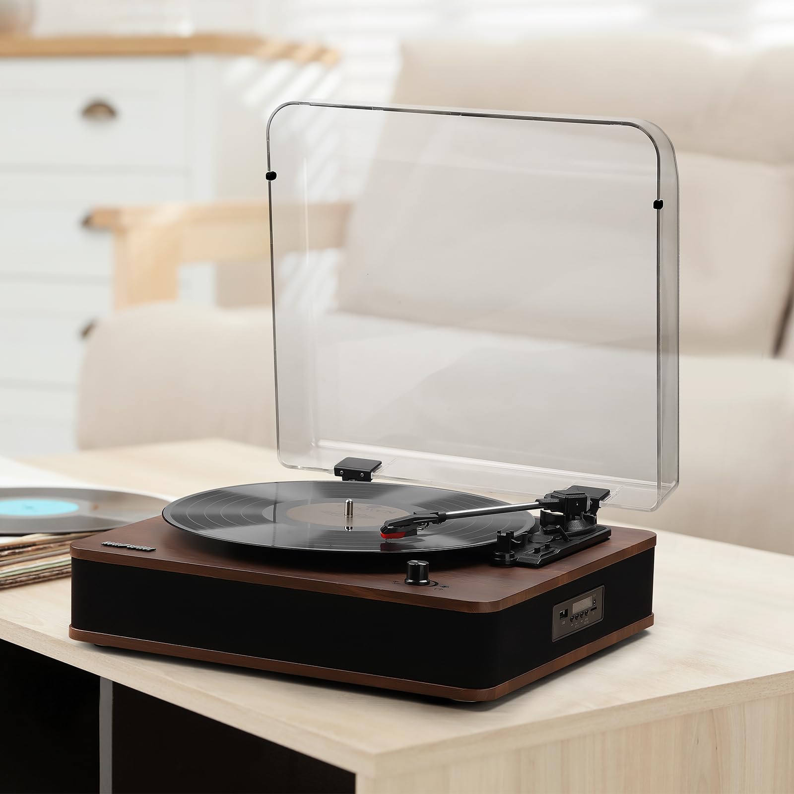 Giradischi, Giradischi Bluetooth Ingresso e Uscita con Altoparlanti Integrati, Radio FM, Registrazione Vinile-MP3, Riproduzione USB e SD, Schermo LED, Noce