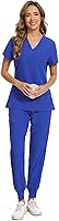 Vista 7 de COZYFIT - Conjunto de ropa quirúrgica para mujer, blusa elástica con cuello en V y pantalón deportivo con 8 bolsillos