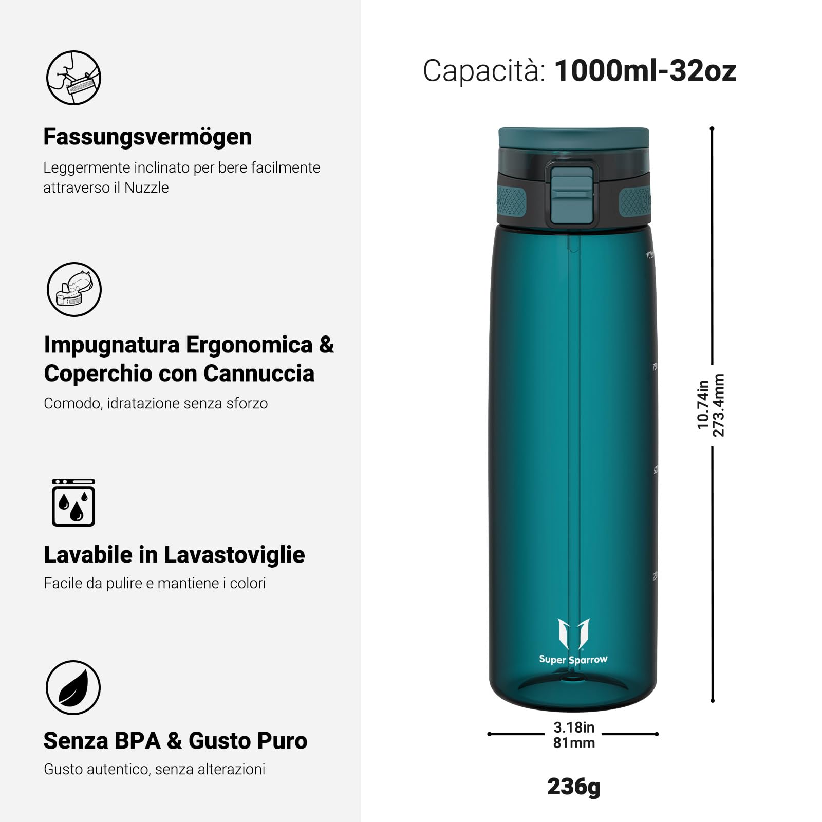 Super Sparrow Borraccia - TouchSip Sportiva Bottiglia - 500ml/750ml/1L - Tritan Senza BPA, a Prova di Perdite - Borracce con Cannuccia Ideale per Scuola e Sport