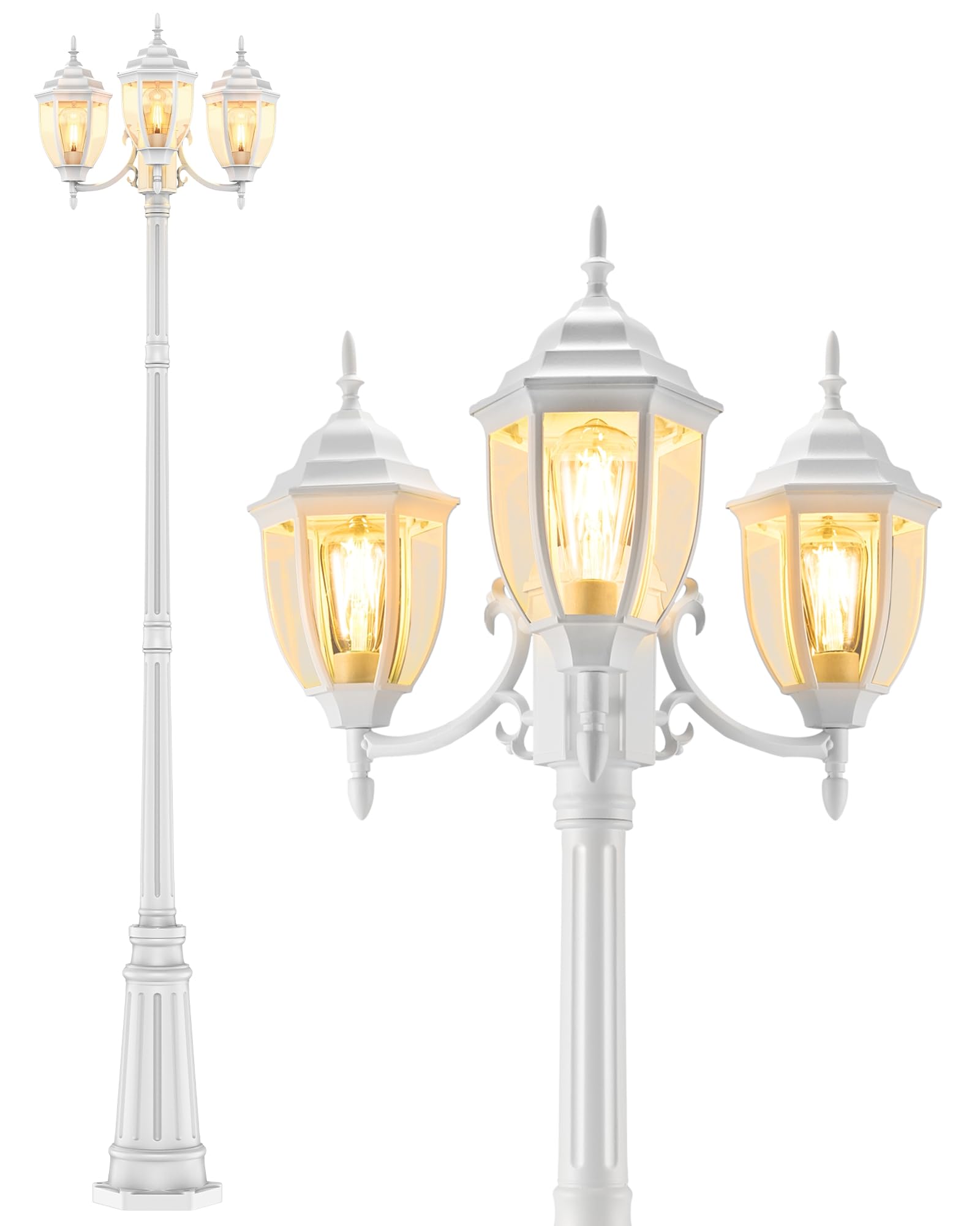 HORTUZZ Lamp Post Outdoor Lighting, 3-Head White Hard Wired Pole