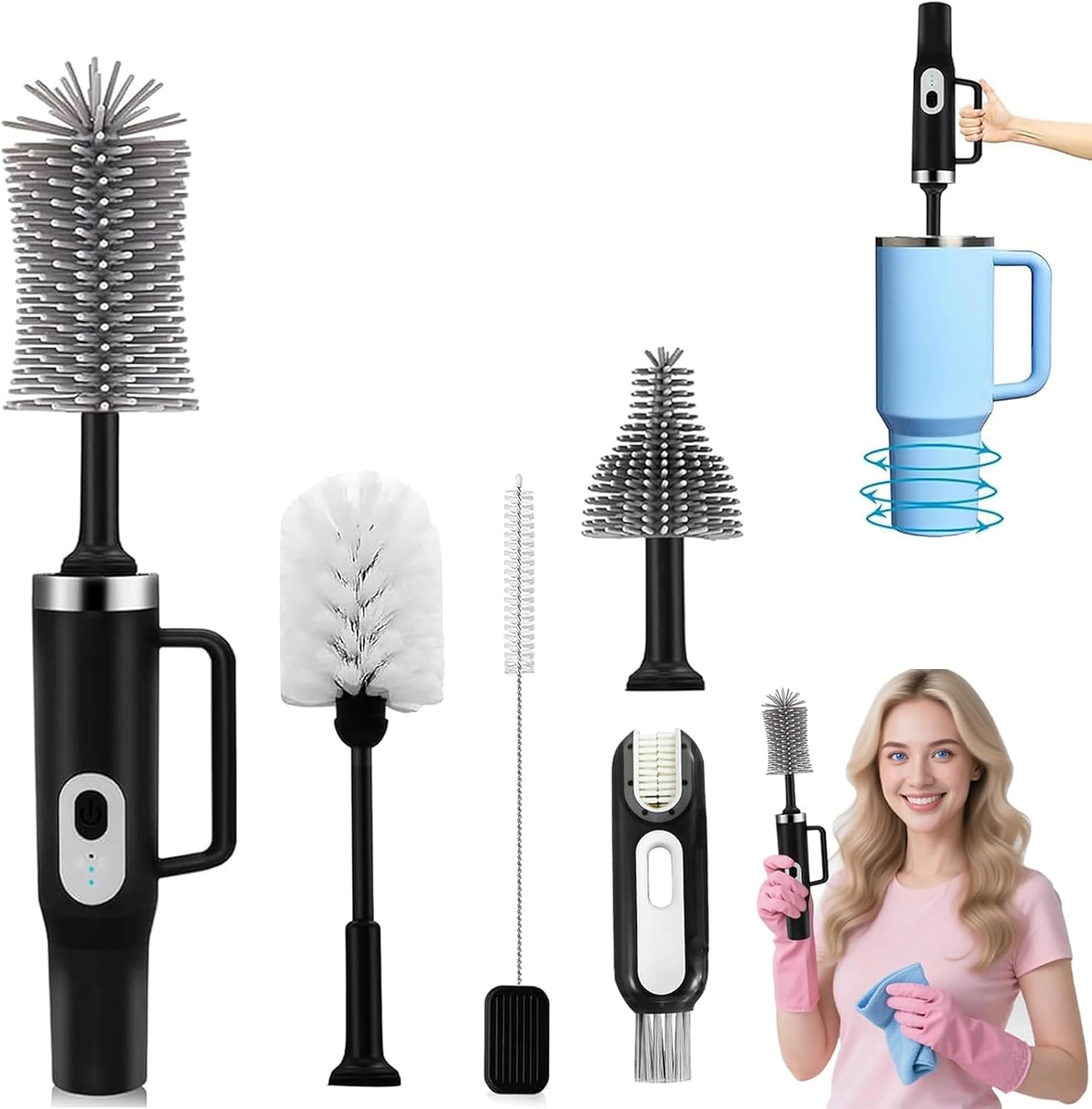 5 in 1 Electric Bottle Brush Cleaner Compatible Stanley Bottle Brush Straw Cleaner Multifunction Rechargeable IPX6 Waterproof Extra Long Design for Stanley Cup, Sports Bottle and More (Black)