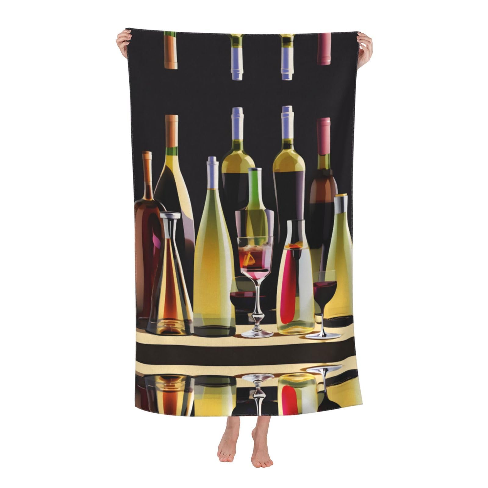 KPXXAQT Cocktail Glasses And Wine Bottles Print Oversized Adult Beach Towel Quick-Dry Travel Swimming Camping Outdoor Adventures