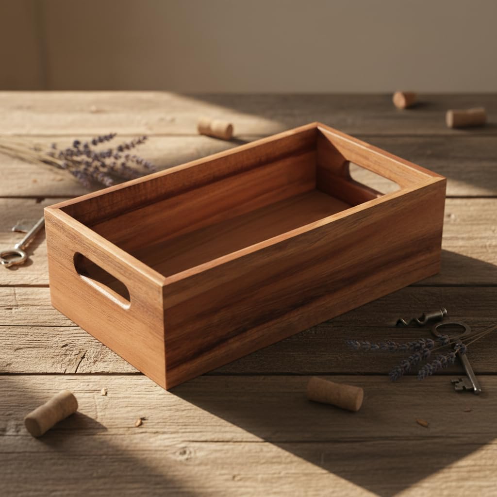 Deconox Akasya Ağacı Ekmeklik & Çok Amaçlı Organizer Kutu – 25x14x8 cm El Yapımı Doğal Ahşap Servis