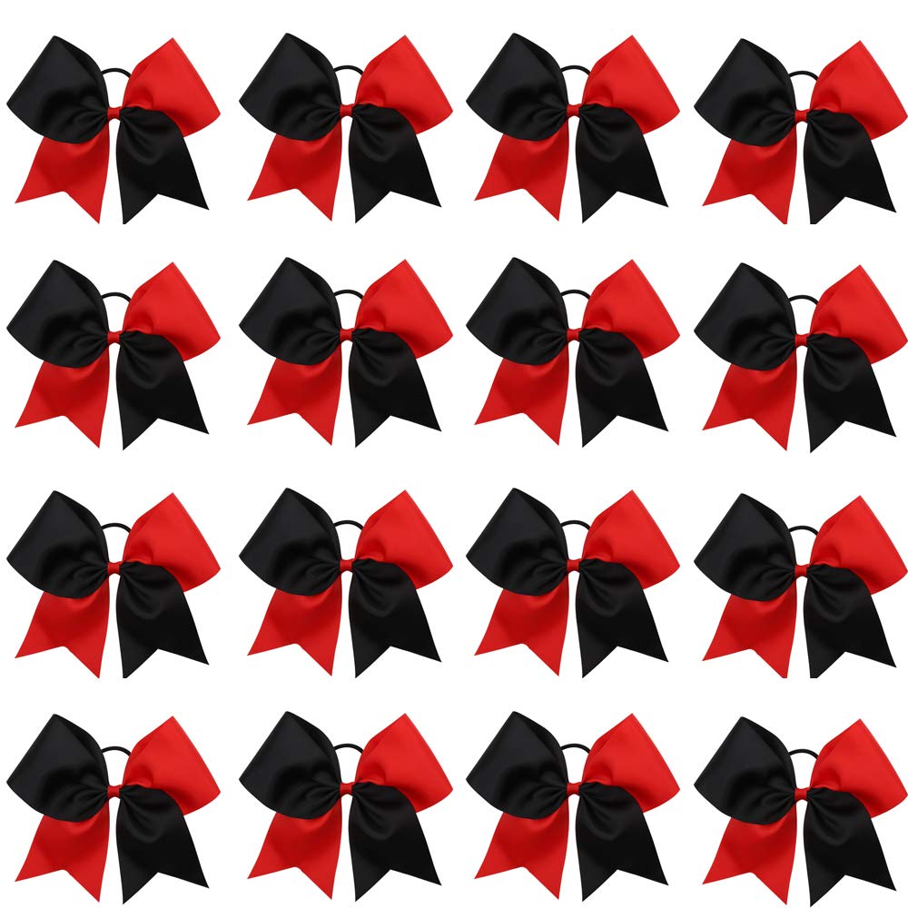 16 fiocchi per capelli grandi da 20,3 cm, elastici per coda di cavallo, fatti a mano, per cheerleader, adolescenti, ragazze e sport universitari (rosso/nero, 16 pezzi (confezione da 1)
