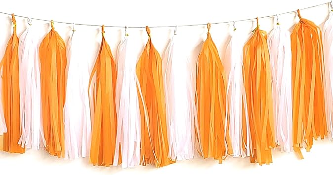 Orange and White Tassel Garland,Orange White Tissue Paper Tassel Banner for Party Decor,DIY Kits - 20 PCS