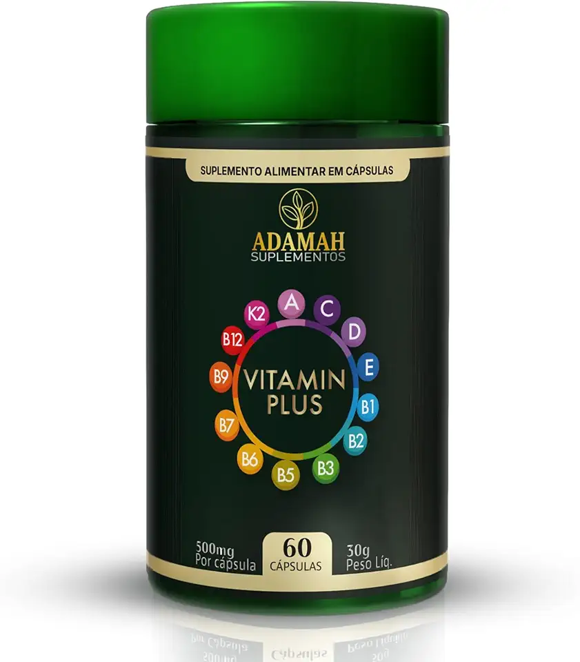 Vitamin Plus Multivitamínico A-Z - 13 Vitaminas 100% VD - Complexo B, B12, K2 MK7 120mcg + D3 + Biotina - Suplemento para Energia, Imunidade e Cabelos em Cápsulas de Colágeno - Adamah, 60 Cápsulas