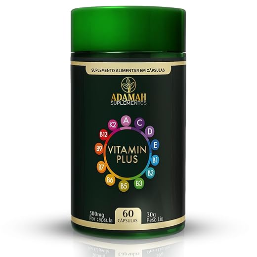 Vitamin Plus Multivitamínico A-Z - 13 Vitaminas 100% VD - Complexo B, B12, K2 MK7 120mcg + D3 + Biotina - Suplemento para Energia, Imunidade e Cabelos em Cápsulas de Colágeno - Adamah, 60 Cápsulas
