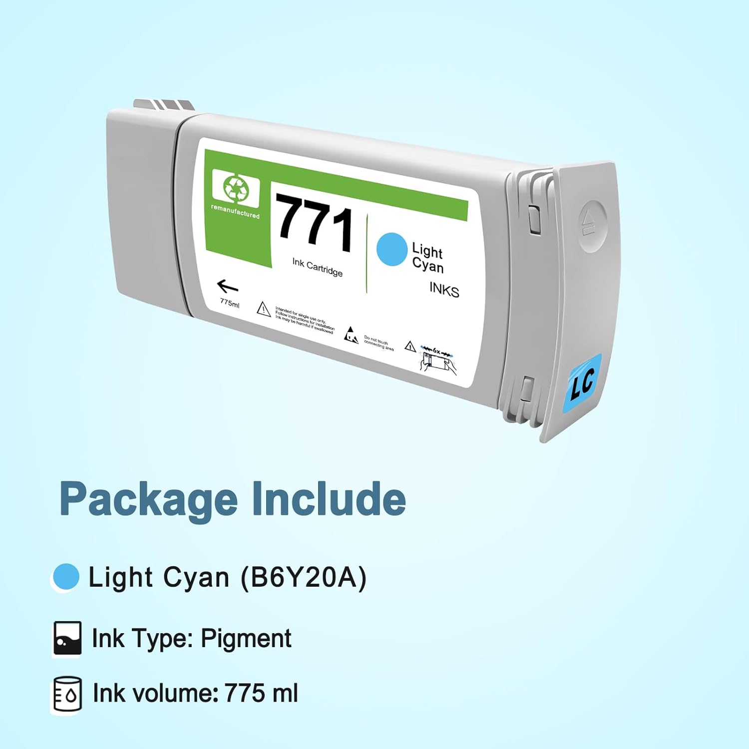 771 Ink Cartridge 771A Ink Remanufactured Light Cyan B6Y20A 775ml Replacement for HP DesignJet Z6200 Z6600 Z6800 Z6810 Printer (1-Pack)
