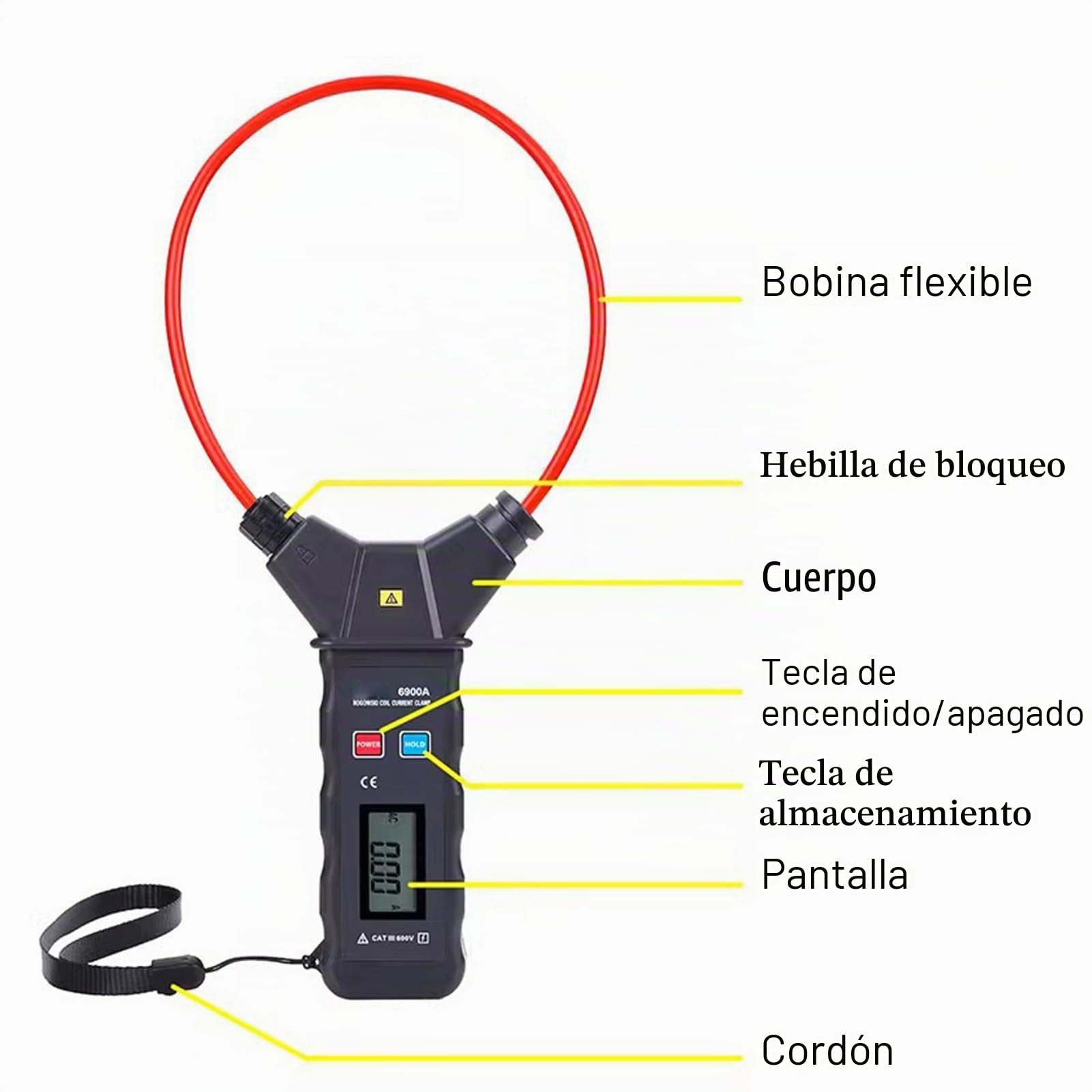 Pinza Amperimétrica CA de 5000 A y 6000 V con Pantalla LCD Retroiluminada y Bobina Flexible, Pinza Amperimétrica Grande