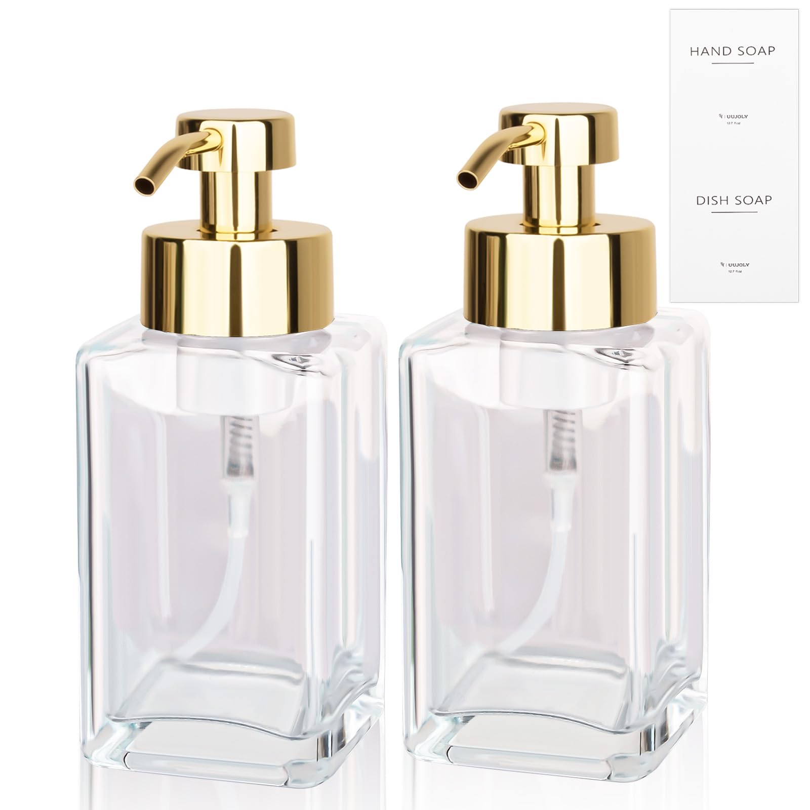 Foaming Soap Dispenser with Stainless Steel Pump, 12oz Refillable Glass Liquid Dish Soap Bottles for Bathroom, Kitchen Sink, Home Decor, 2 Pack