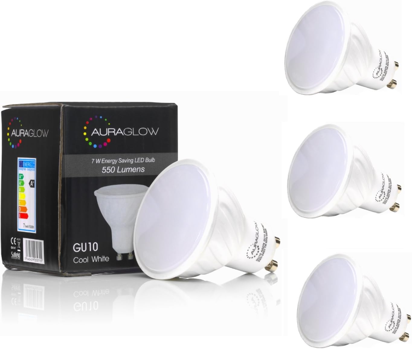 Super Bright 5.3w LED GU10 Light Bulb, Daylight Cool White 6500k - RETROFIT - 550 Lumen - 70w EQV - Four Pack