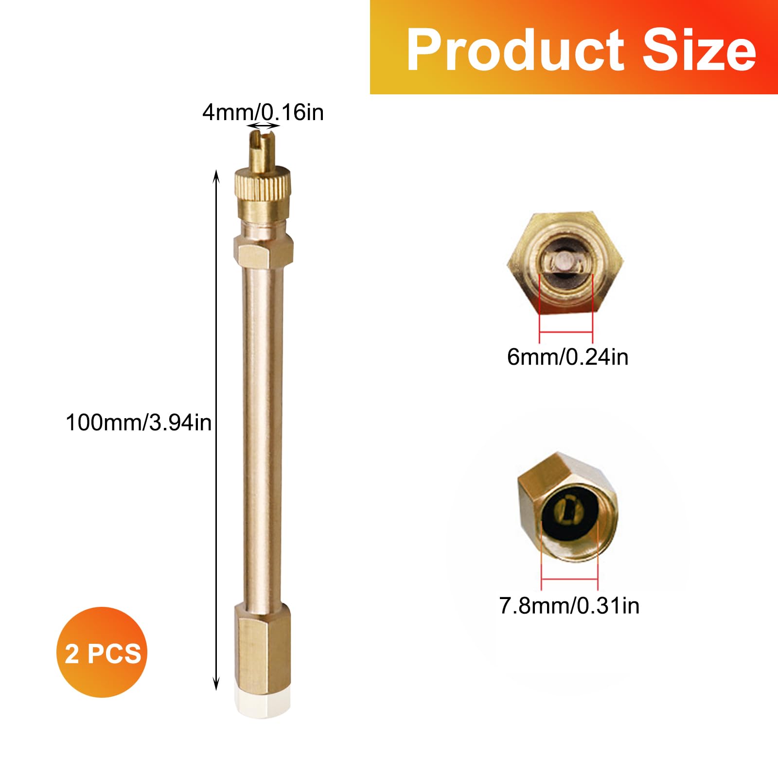 Przedłużenie wentylu samochodowego, 2 sztuki, adapter przedłużający, mosiądz, 10 cm, adapter do wentyli do opon, do samochodów, ciężarówek i rowerów, kompatybilny z wentylem opon