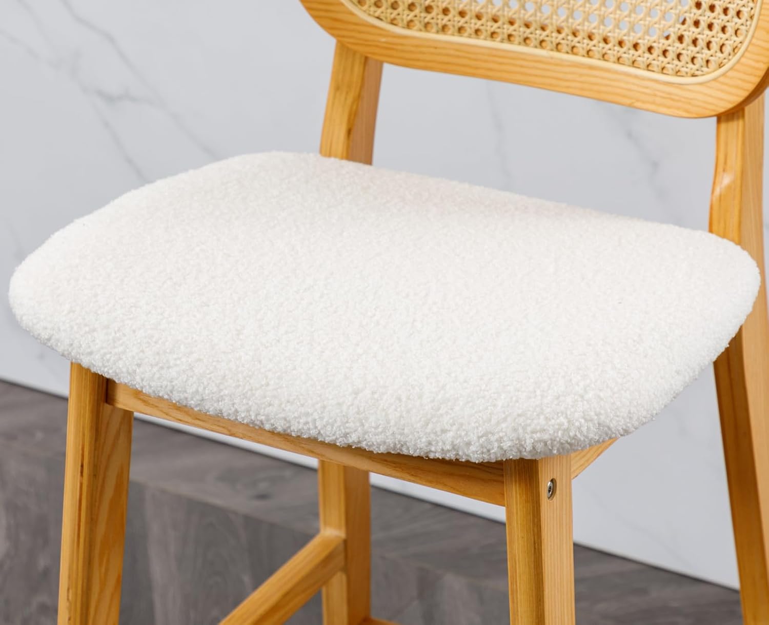Shunzhi Rattan Counter Height Bar Stools Set of 2 Wood Farmhouse Barstools with Cane Back Boho Sherpa Kitchen Island Chairs Upholstered Bar Chairs for Pub/Home Bar, 26Inch, Cream