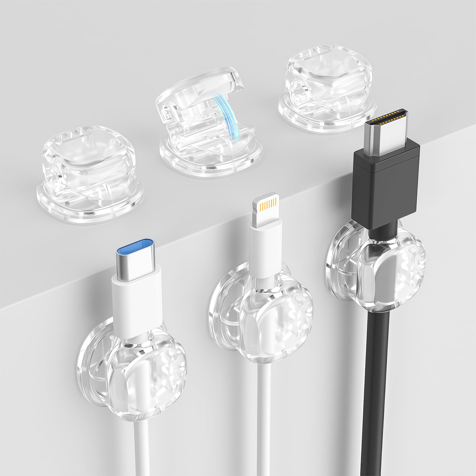 Solihigh Cable Clips Clear 6 Pack - Self Adhesive Cable Tidy for Whole Home Organisation & Cable Management,Wire Holder Organiser, Phone Charging Cable Keeper for Offices, Kitchens, Cars & Beyond