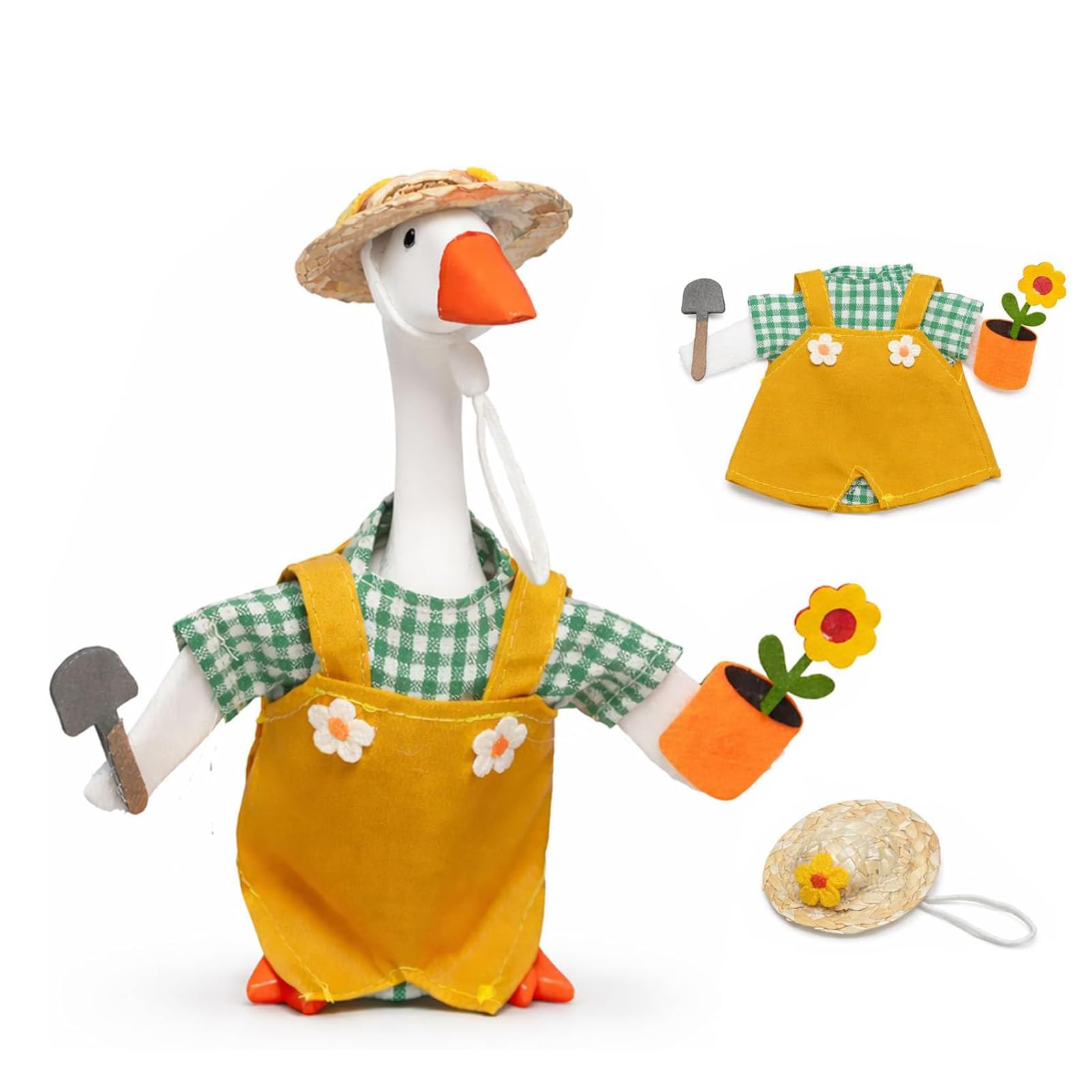 Eghunooye Gardener Desk Goose Outfits, 7 inch Desk Goose Outfits with Flower and Shovel Costume for Plastic/Cement Statue (Yellow, One Size)