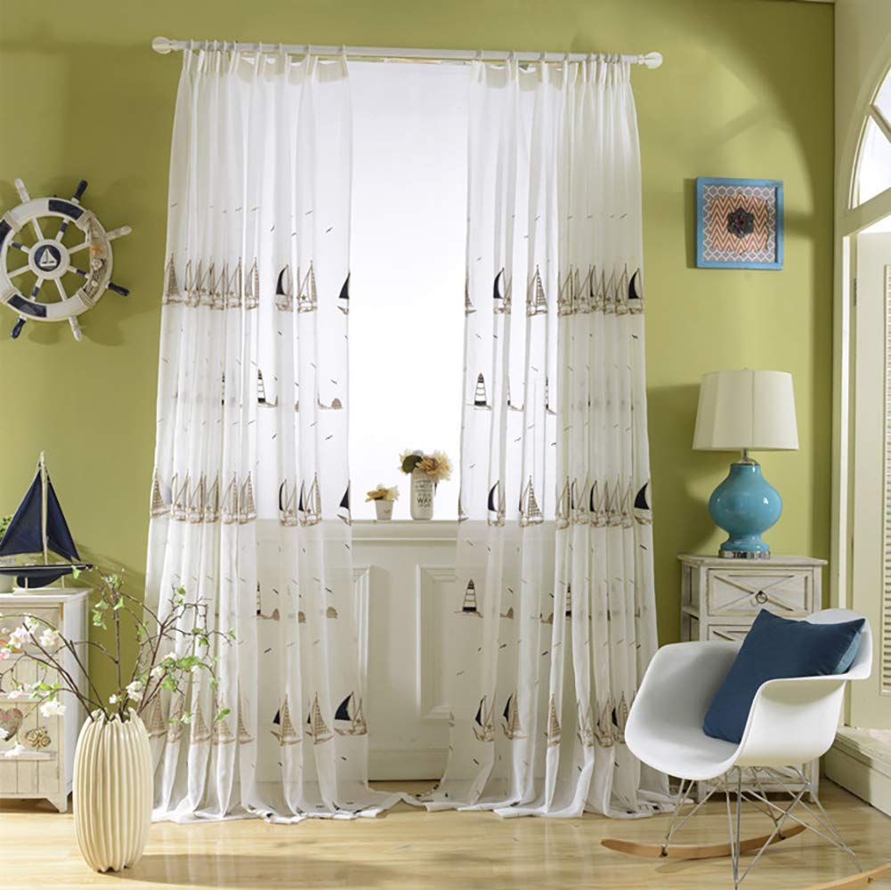 Kinder Vorhang Transparent Jungen Mädchen Segelboot Muster 140x160 Kurz Voile Vorhäng Gardine Kräuselband Fensterschals Lichtdurchlässige Babyzimmer