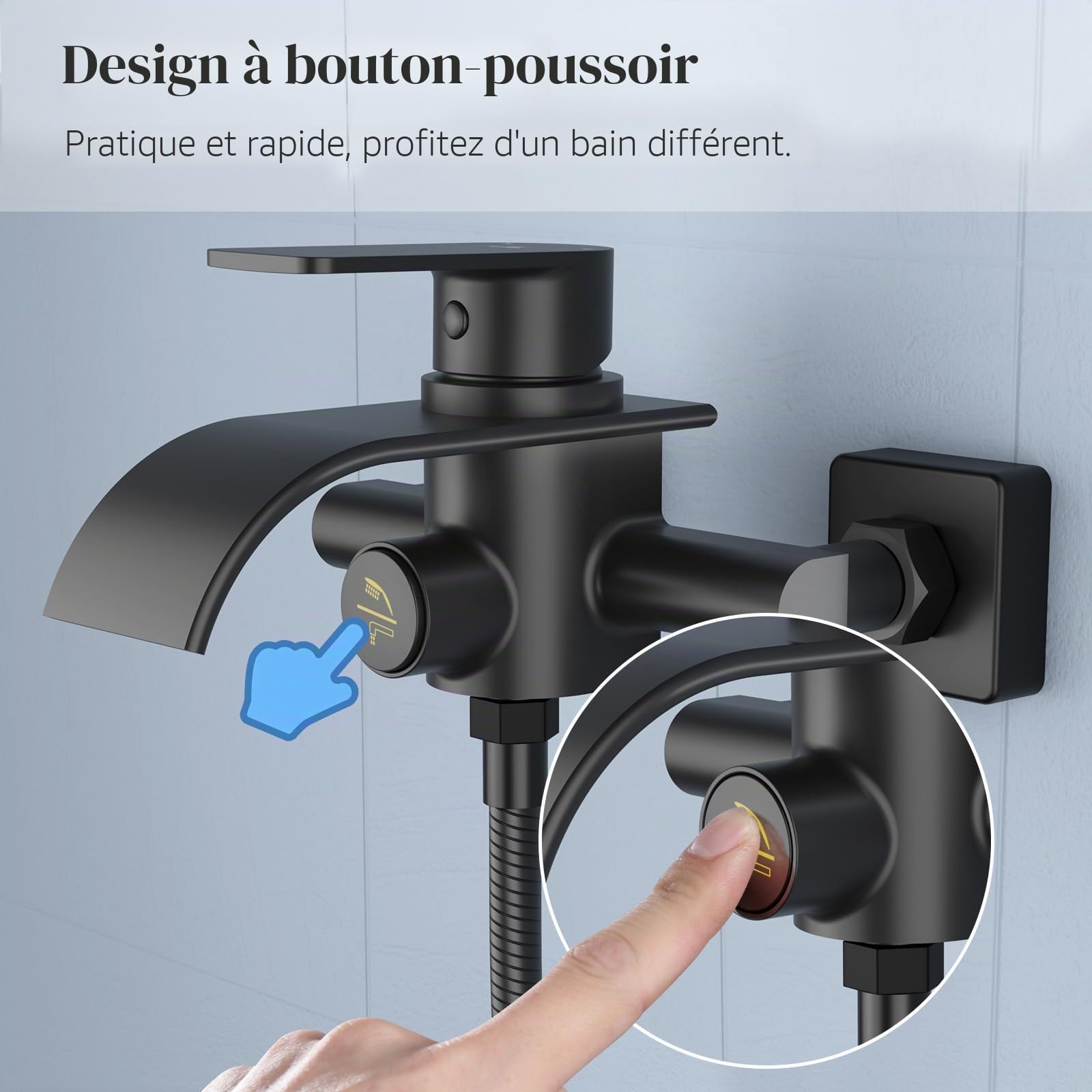 KULACO Robinet de Baignoire Cascade Noir, Mitigeur en Laiton | Robinet en Laiton avec Bouton Poussoir, pour Montage Mural, Robinet de Baignoire