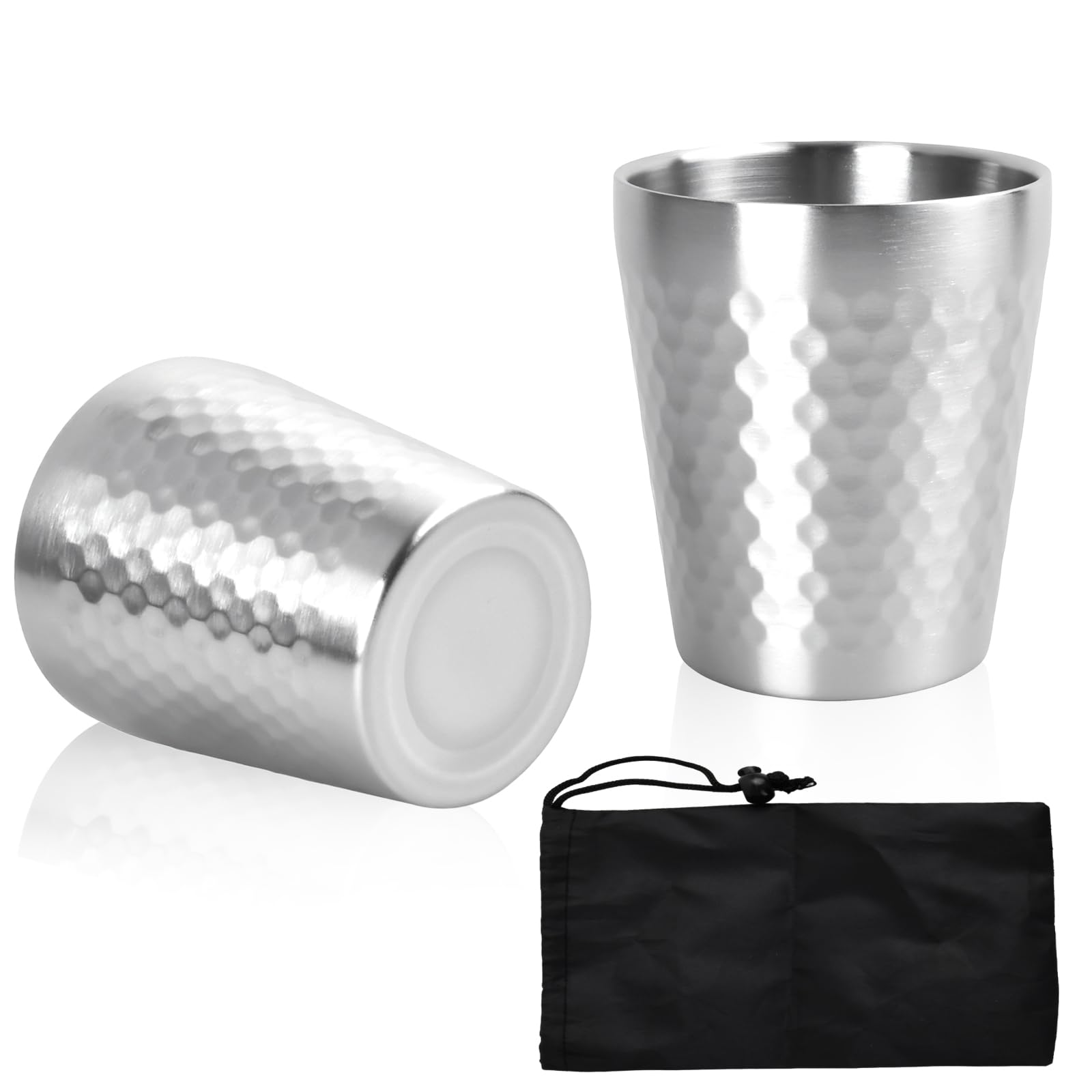 2 Piezas Vasos Acero Inoxidable 260 ml, Tazas de Metal Reutilizables, Taza Camping de Metal de Pulido Martillado, Apilable y Reutilizable Para Caminatas, Campamentos y Festivales De Fiesta