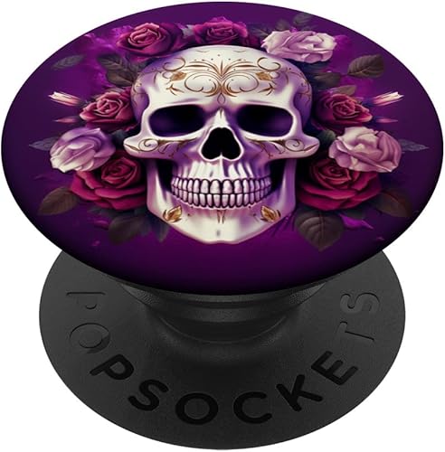 Synthwave - Flores de otoño de calavera de azúcar, rosas blancas, moradas, PopSockets intercambiables