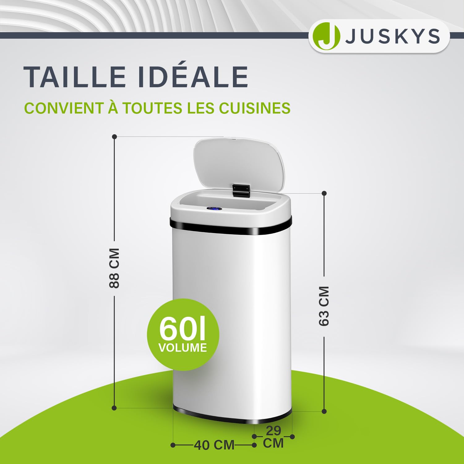 Juskys Poubelle automatique avec capteur de 60 L - poubelle électrique, détecteur de mouvement, couvercle automatique, étanche, rectangulaire, cuisine - blanc
