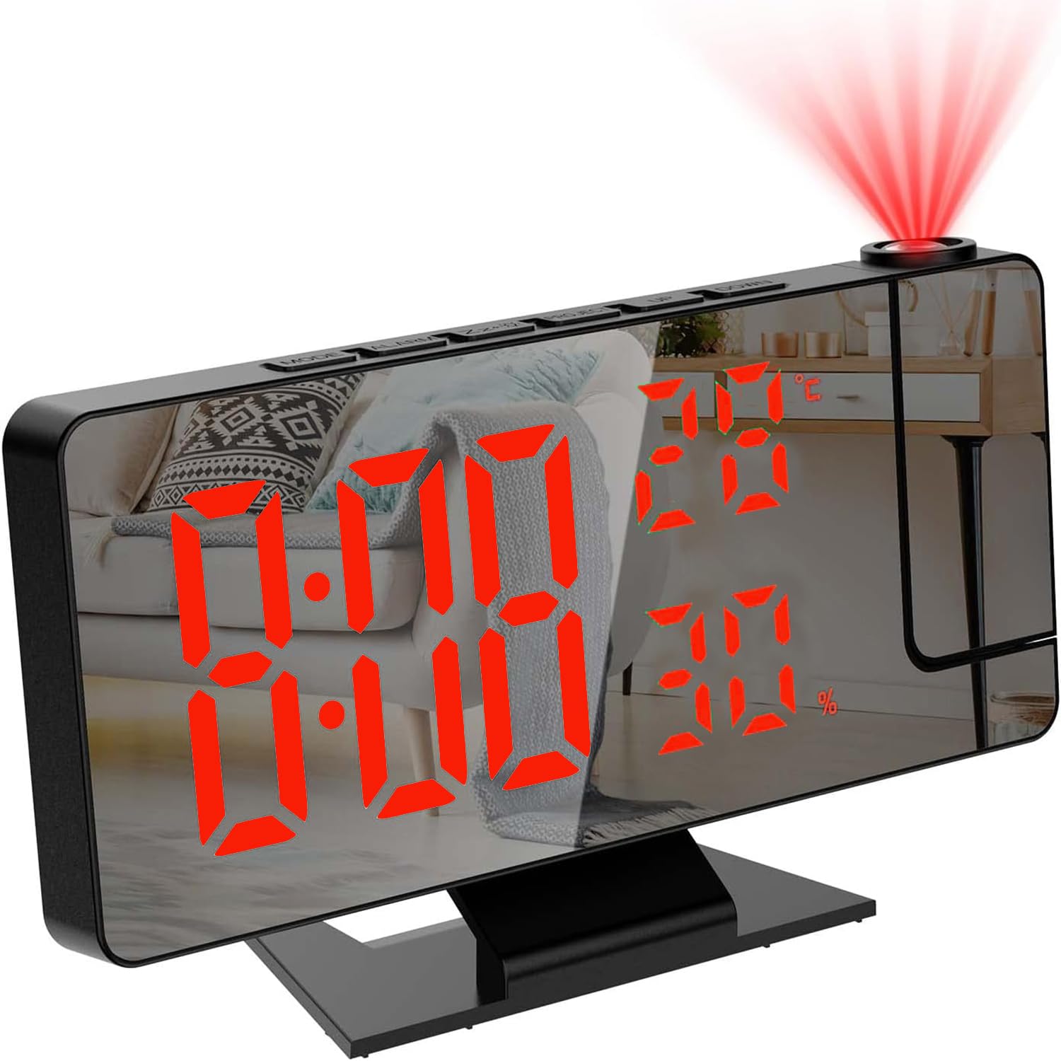 Projection Alarm Clock, Digital Clocks Bedside LED Mirror Digital Clock with Temperature & Humidity, Adjustable Brightness, Snooze, Clocks for Bedrooms Office Home Desktop(Adapter Not Included)