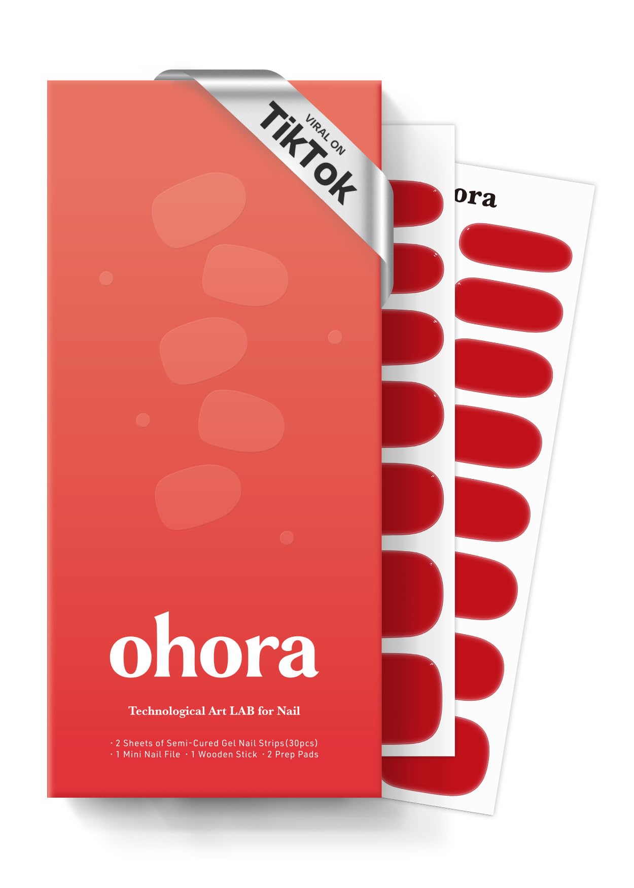 ohora Semi Cured Gel Nail Strips (N Hot Cherry) - Works with Any Nail Lamps, Salon-Quality, Long Lasting, Easy to Apply & Remove - Includes 2 Prep Pads, Nail File & Wooden Stick