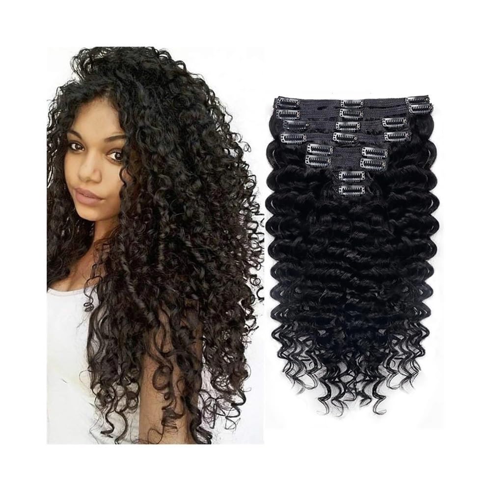 Deep Curly Clip In Human Hair Extensions dla kobiet, 8 sztuk, 18 klipsów, 120 g, brazylijskie włosy Remy, Water Wave Clip Ins, Natural Black, 35-66 cm (35,5 cm)