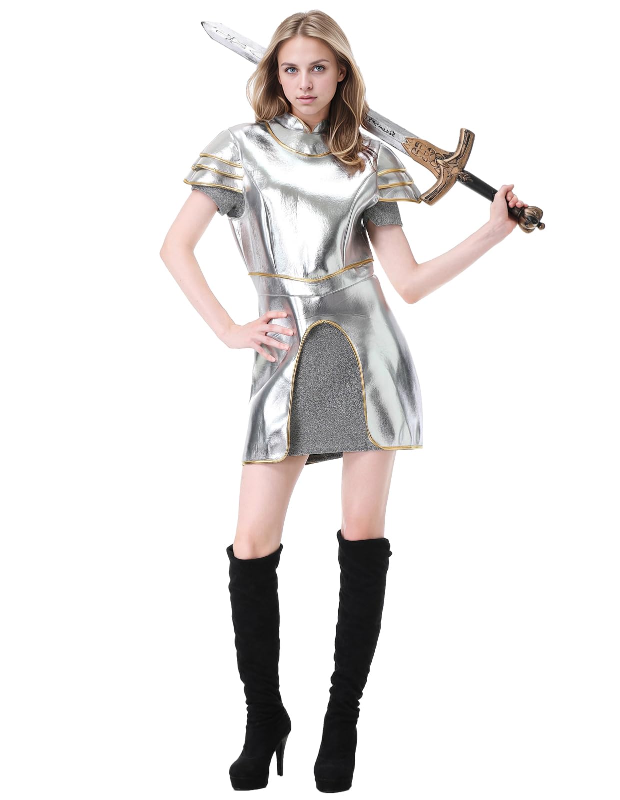 yolsunWomen's Medieval Knight Costume Adult Silver Armor Cosplay Costume Halloween